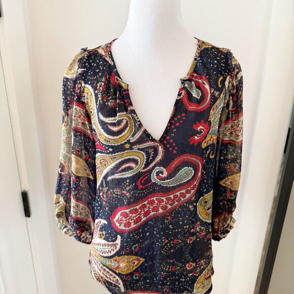 ANTHROPOLOGIE Top Size XS Velvet by Graham & Spencer Paisley Print Knit Blouse - Picture 6 of 12
